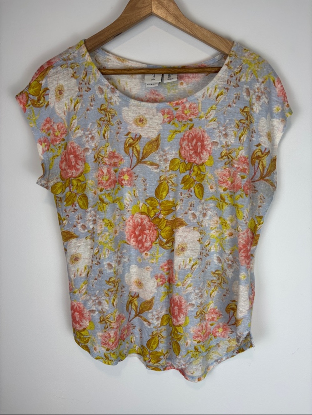 Joie 100% Linen Floral Top Blue Pink Short Sleeve Lightweight Blouse Size L